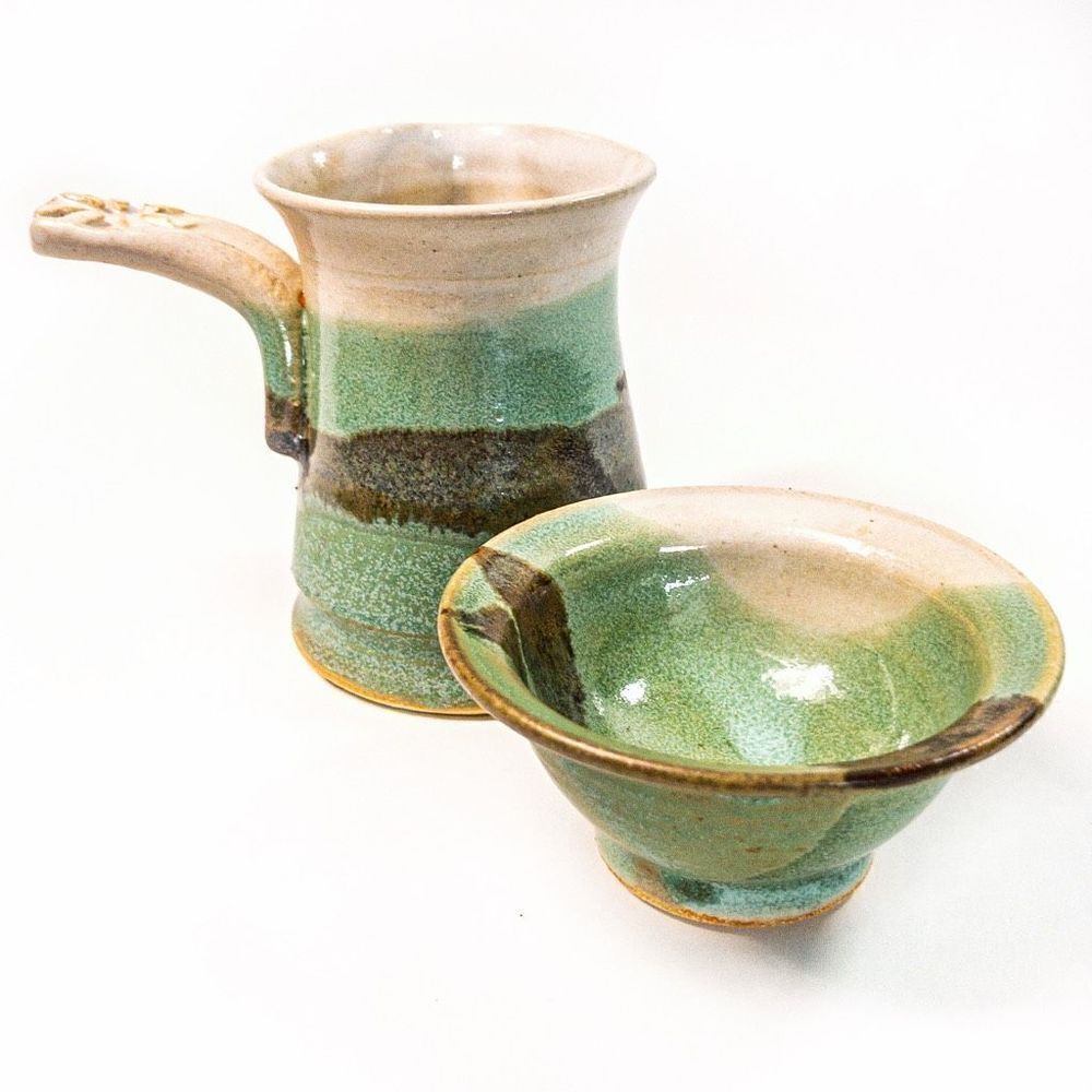 Artisan Studio Ceramic Sake Set/Pitcher and Cup Turquoise Brown Earthenware